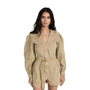 Ulla Johnson Women's Size 00 Beige Cameron V-Neck Puff Sleeve Romper NEW